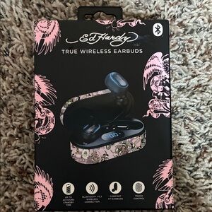 Ed Hardy Pink Patterned True Wireless Earbuds with Charging Case